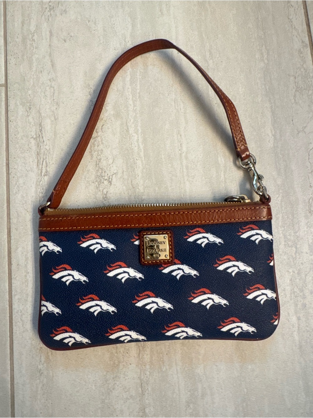 Dooney & Bourke Navy Denver Broncos Logo Wristlet with Brown Trim